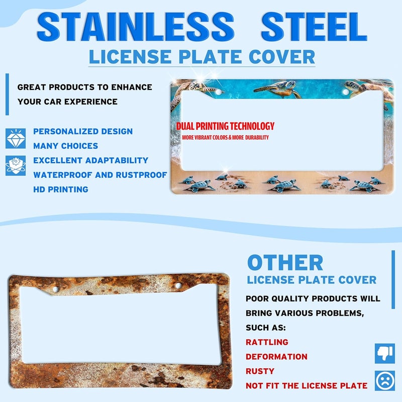 TINALUIN Sea Turtle License Plate Frame Seaside Beach Stainless Steel License Plate Holder for Front or Rear Car Tags Funny for Car Decoration Accessories with Screws 6.3 X 12.2 in for Women Men - Image 2